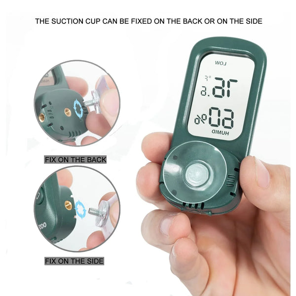 Digital reptile terrarium thermometer hygrometer with suction cup for mounting options