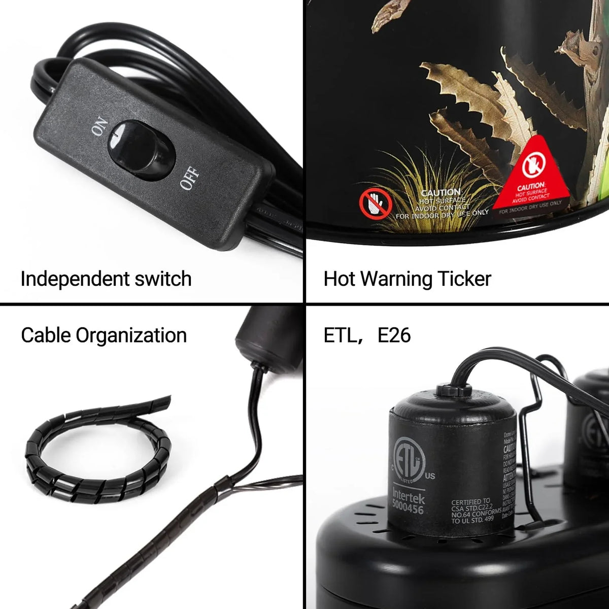 Reptile heat lamp parts showing independent switch, warning label, cable organizer, ETL E26 socket.