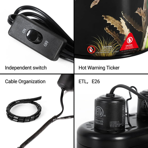 Reptile heat lamp parts showing independent switch, warning label, cable organizer, ETL E26 socket.