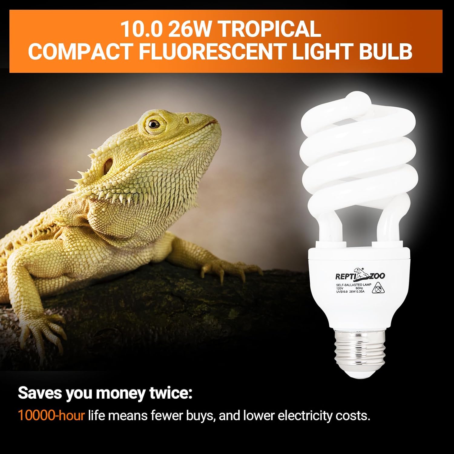 REPTI ZOO 2-Pack UVB Light for Desert Reptiles – 26W, 10.0 UVB with UVA, Spiral Compact Reptile Lamp for Bearded Dragons, Tortoises, Lizards & Snakes