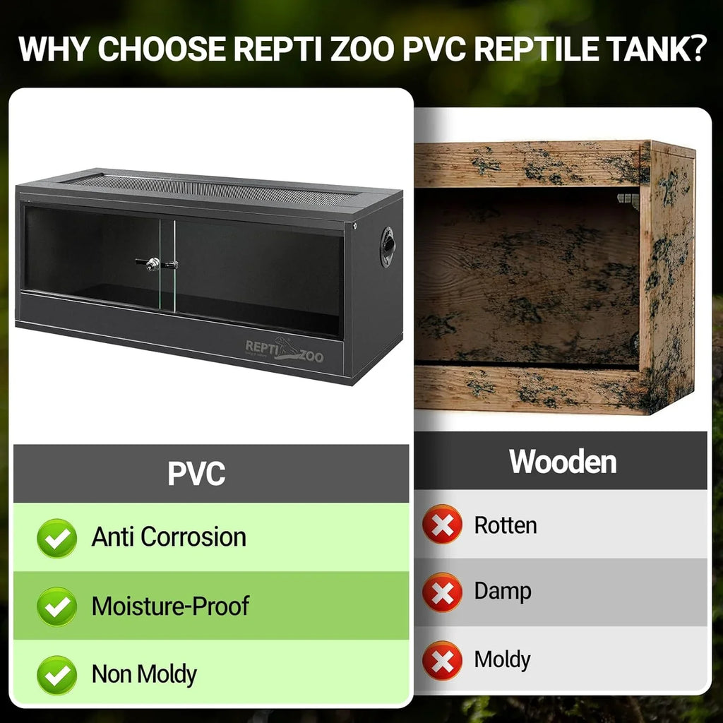 Comparison of PVC reptile tank and moldy wooden terrarium, listing durability and moisture benefits.