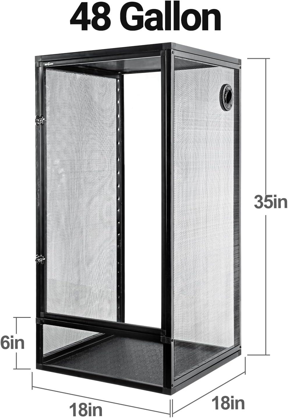 48 gallon reptile enclosure with mesh sides, black frame, and dimensions 35x18x18 inches