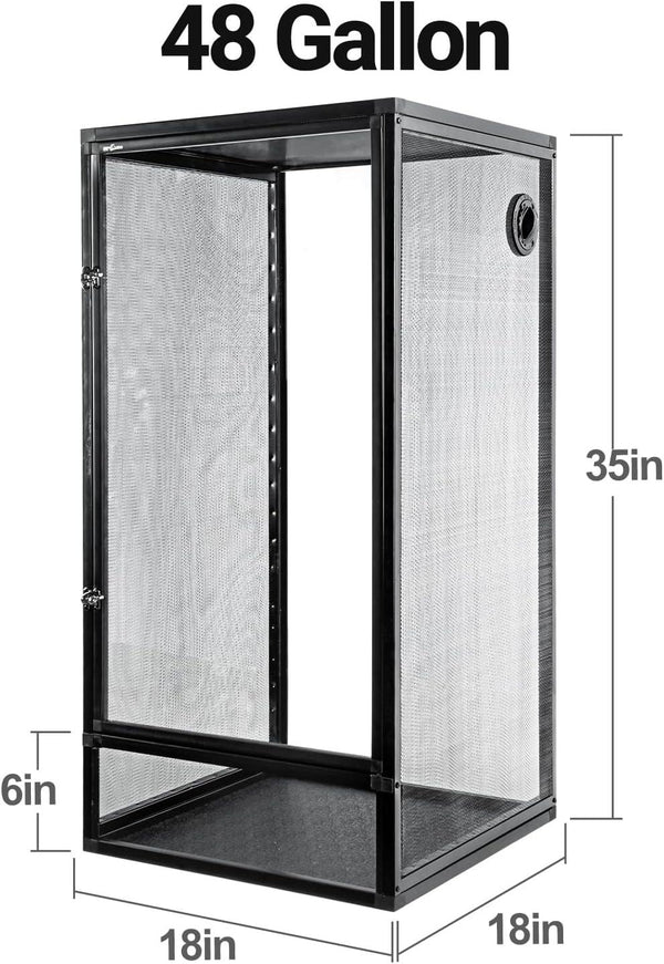 48 gallon reptile enclosure with mesh sides, black frame, and dimensions 35x18x18 inches