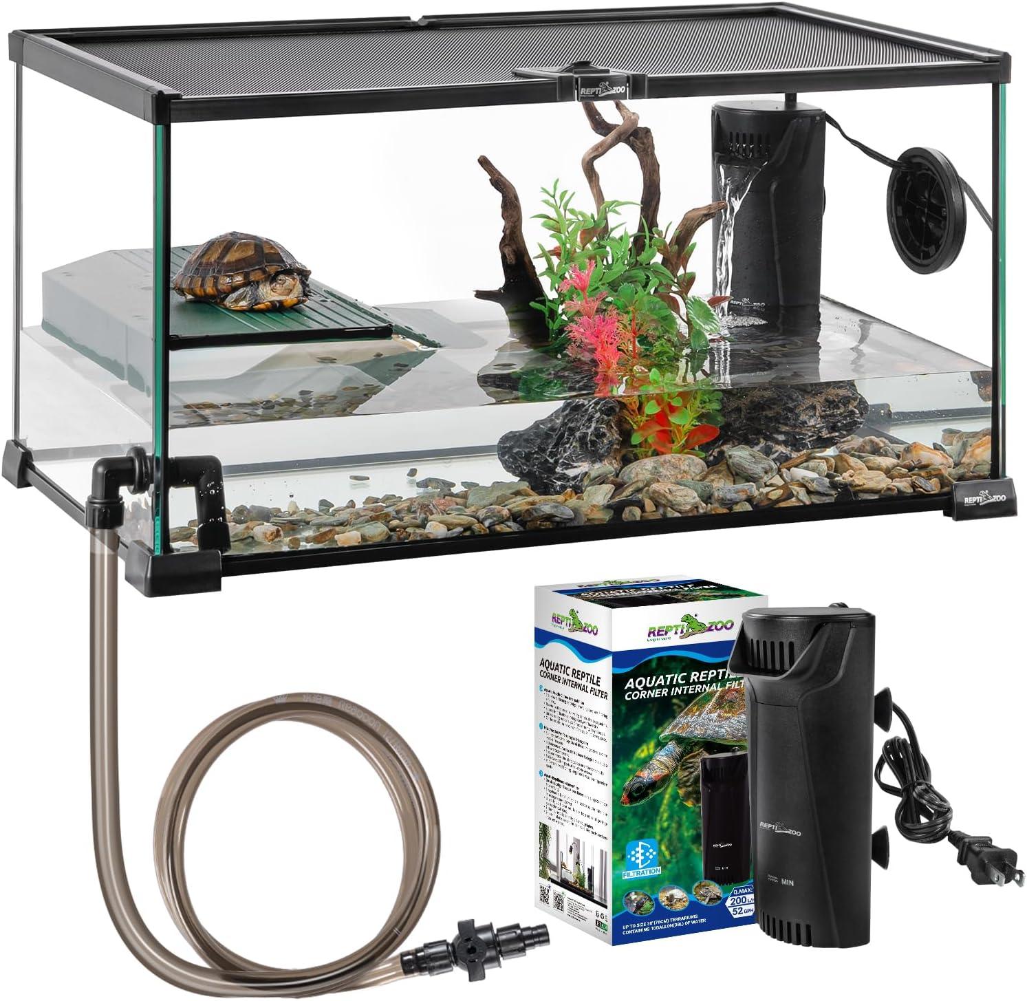 Glass reptile terrarium with turtle, water filter, basking platform, rocks, and aquatic plants. Main image