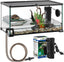 Glass reptile terrarium with turtle, water filter, basking platform, rocks, and aquatic plants.