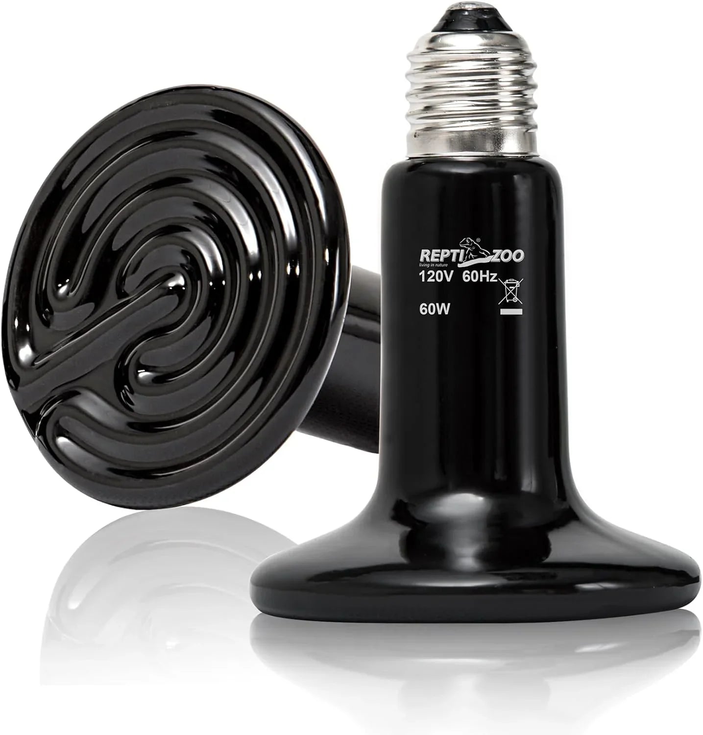 Black ceramic heat lamp bulb for reptile terrarium, 60W, spiral design, reflective base.