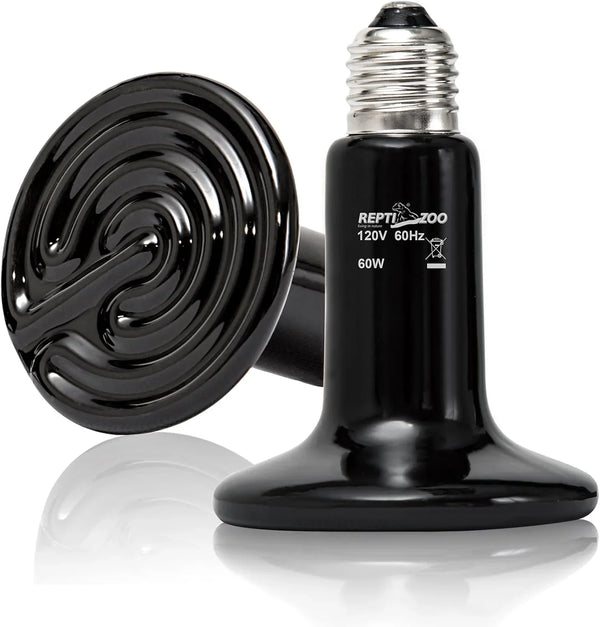 Black ceramic heat lamp bulb for reptile terrarium, 60W, spiral design, reflective base.