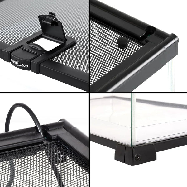 Collage showing details of a reptile terrarium with mesh lid, secure lock, and glass corners.