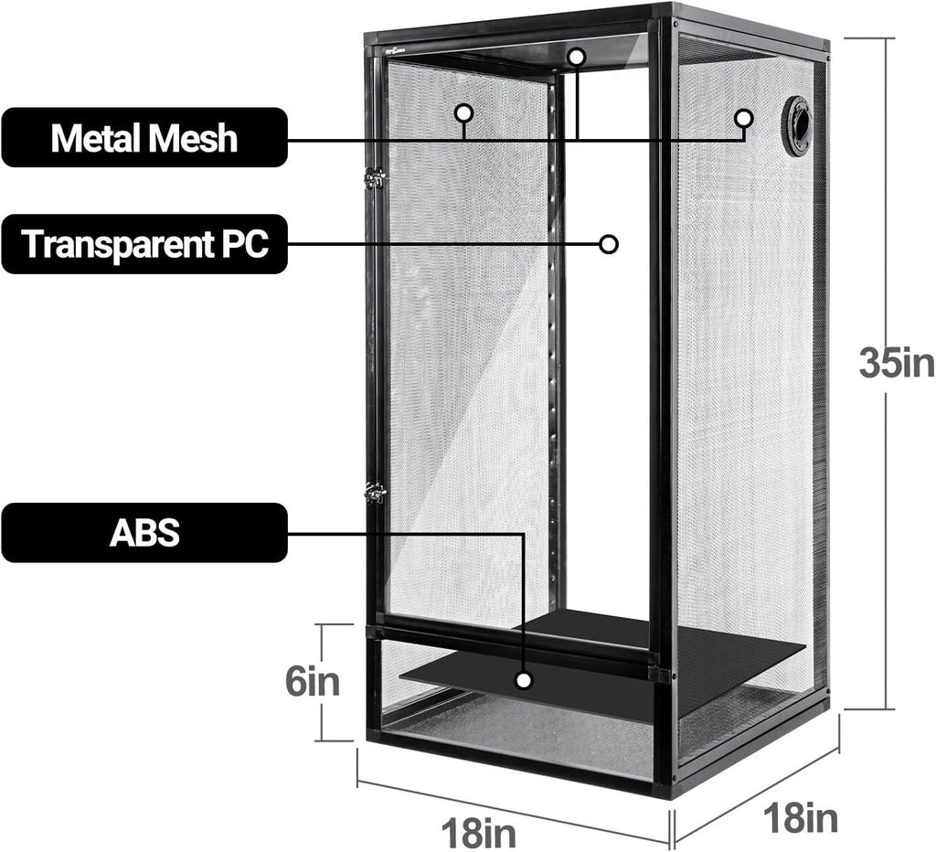 Reptile terrarium with metal mesh, transparent panels, ABS base, and 18x18x35 inch dimensions