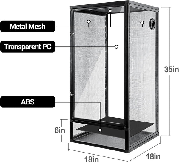 Reptile terrarium with metal mesh, transparent panels, ABS base, and 18x18x35 inch dimensions