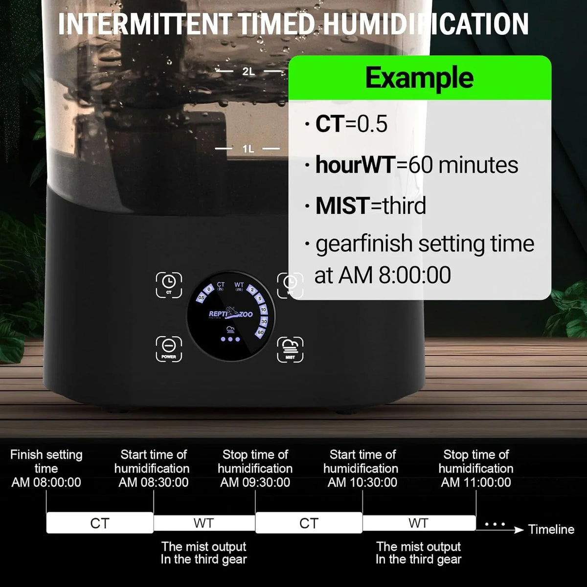 Reptile terrarium humidifier with digital controls, timer settings, and water level marks