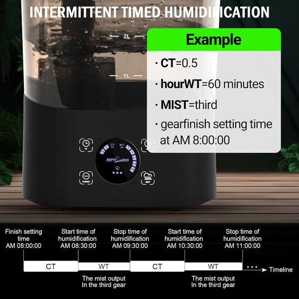 Reptile terrarium humidifier with digital controls, timer settings, and water level marks