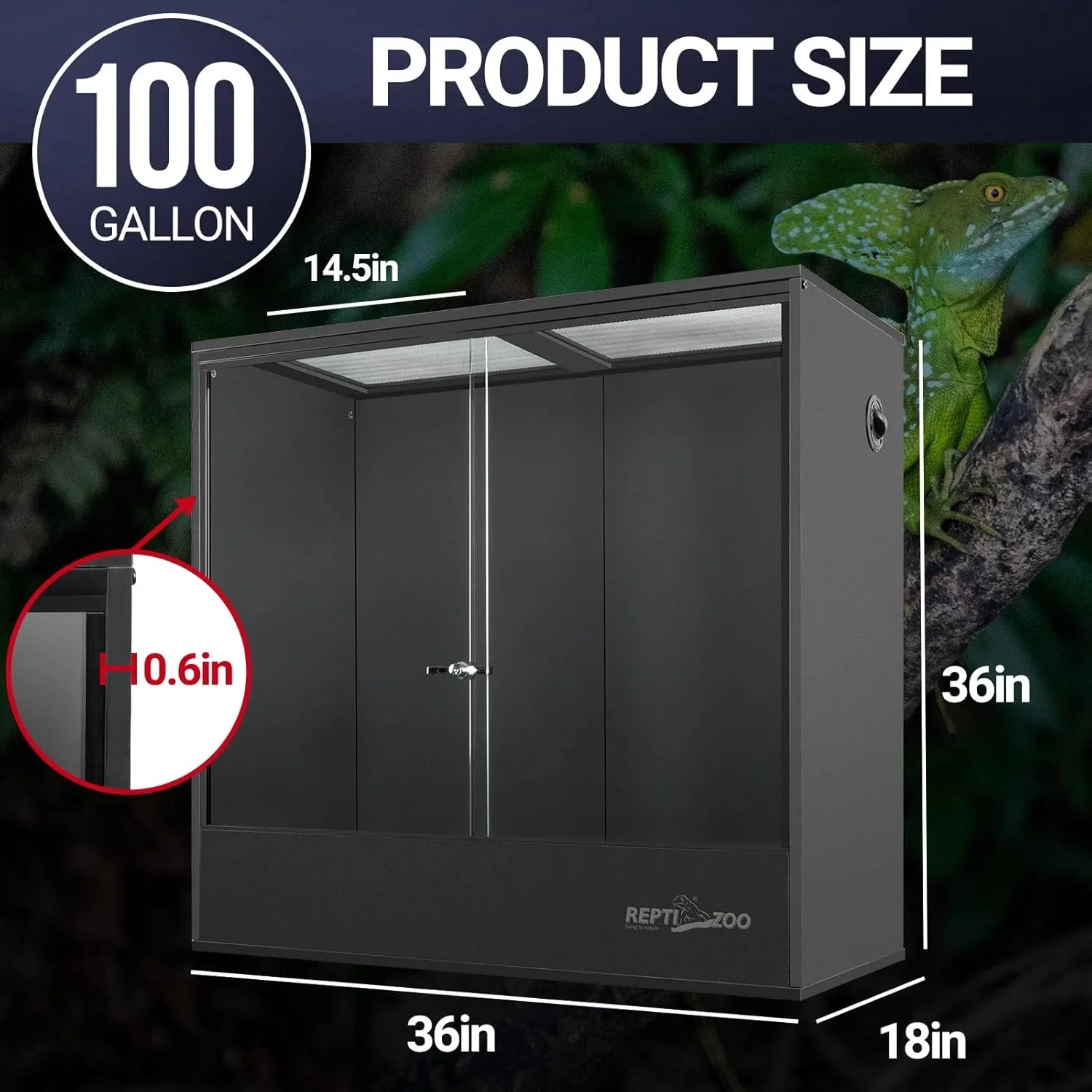 100 gallon reptile terrarium enclosure with dimensions 36x18x36 inches, glass front door
