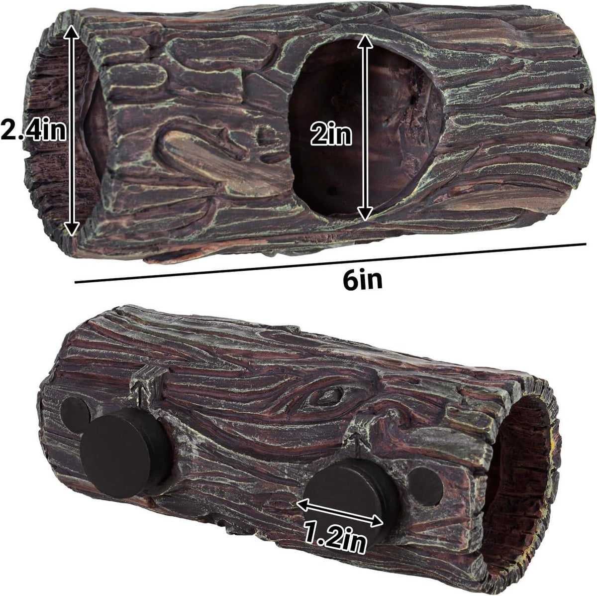Reptile terrarium log hideout with suction cups, textured wood design, labeled dimensions
