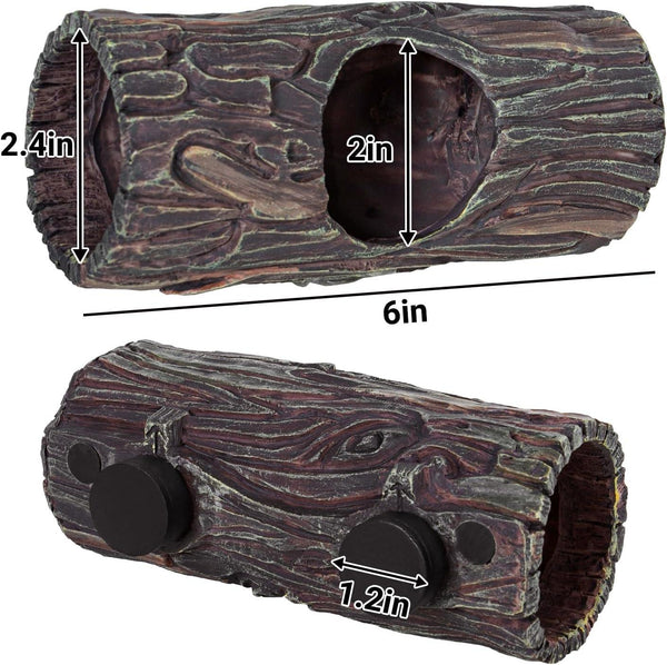 Reptile terrarium log hideout with suction cups, textured wood design, labeled dimensions