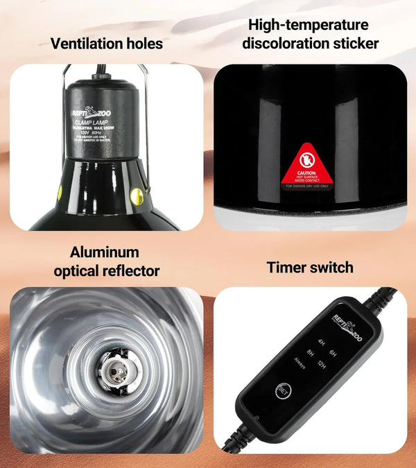 Reptile heat lamp with ventilation holes, high-temp sticker, aluminum reflector, timer switch
