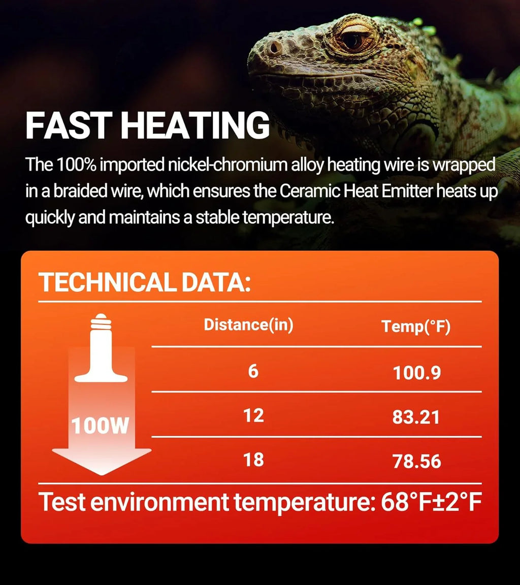Iguana near ceramic heat emitter technical data chart showing fast heating and temperature at various distances, reptile terrarium heating.