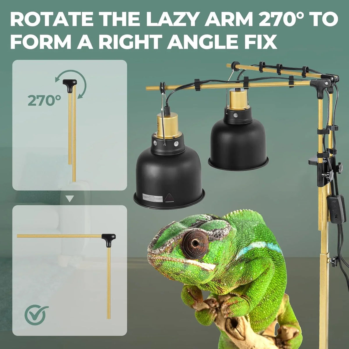 Adjustable reptile heat lamp stand with two black dome lamps and a green chameleon