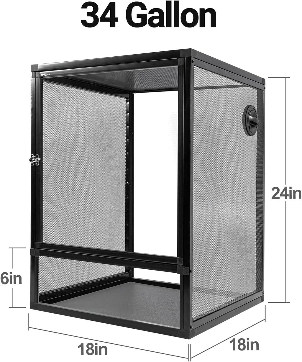 34 gallon reptile terrarium cage, black frame, mesh sides, measuring 18x18x24 inches