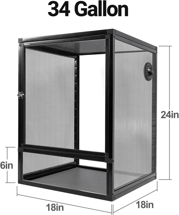 34 gallon reptile terrarium cage, black frame, mesh sides, measuring 18x18x24 inches