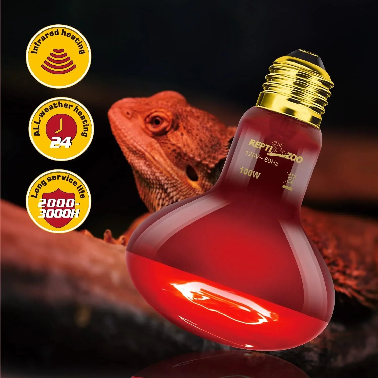 Red infrared heat lamp bulb for reptiles, bearded dragon, with heating feature icons.