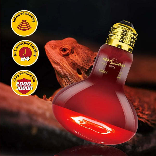 Red infrared heat lamp bulb for reptiles, bearded dragon, with heating feature icons.