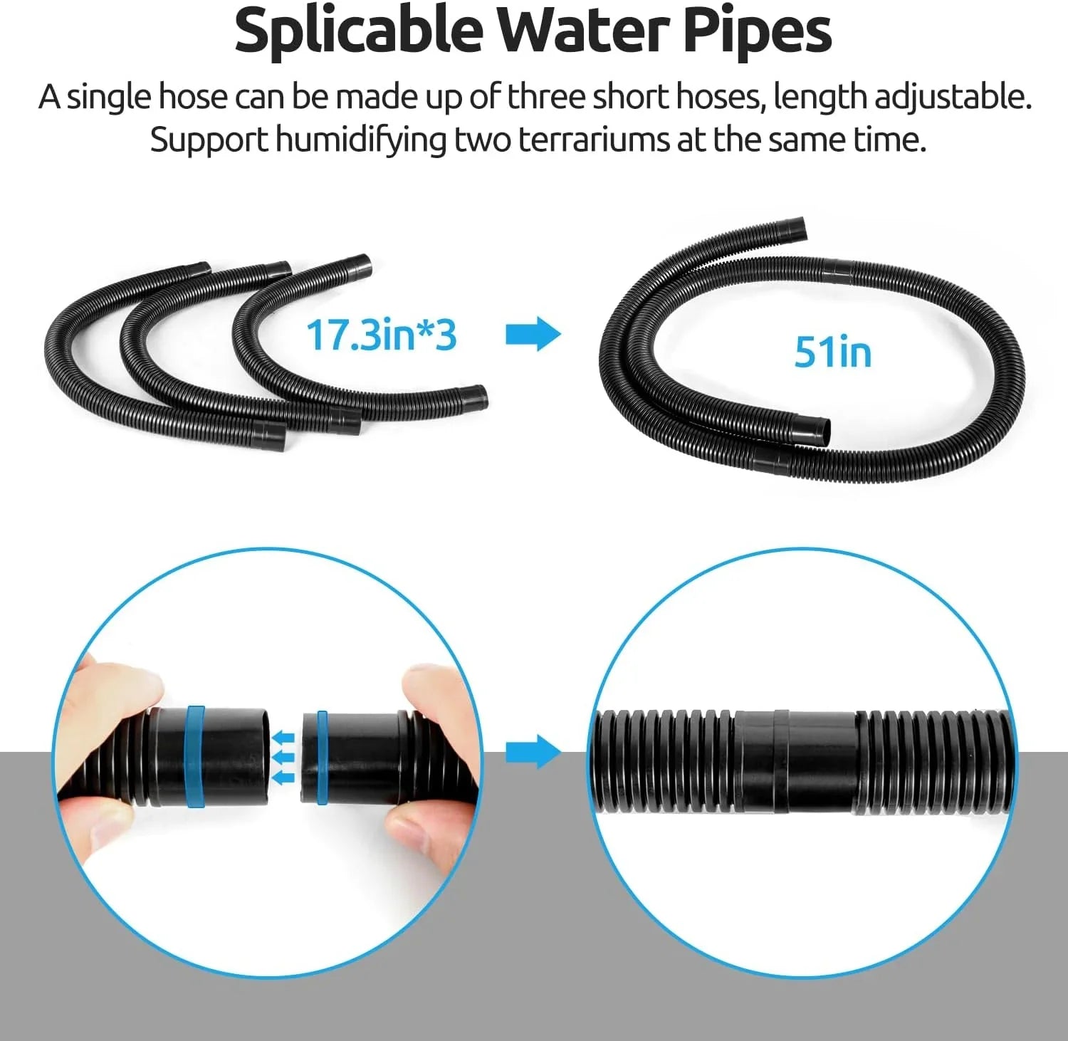 Flexible splicable water pipes for terrarium humidifiers, adjustable 51-inch length shown.