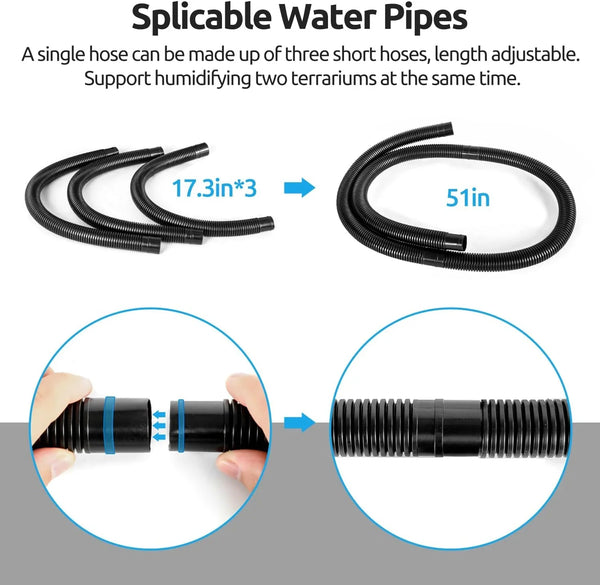 Flexible splicable water pipes for terrarium humidifiers, adjustable 51-inch length shown.