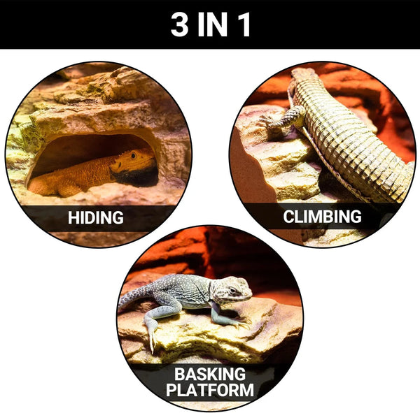 3-in-1 reptile habitat accessory for hiding, climbing, and basking in terrarium setup