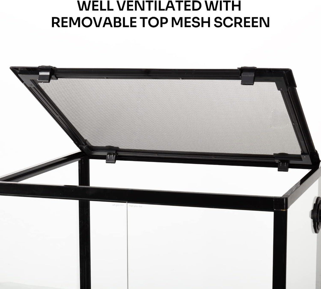 Reptile terrarium with removable top mesh screen for ventilation, open lid detail