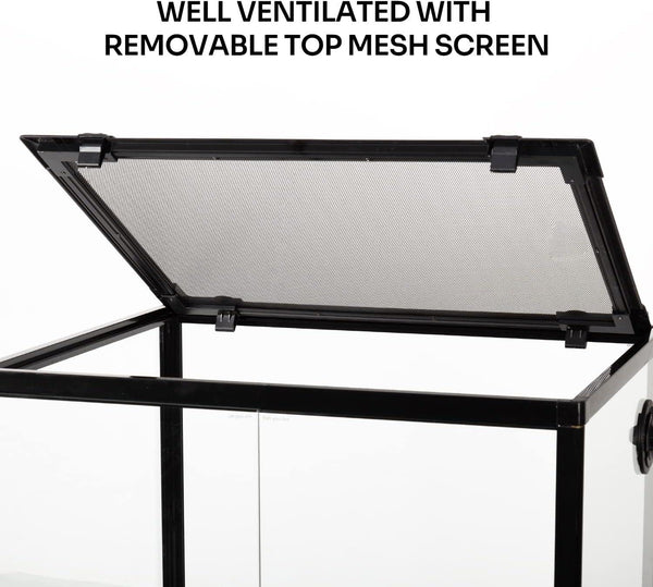 Reptile terrarium with removable top mesh screen for ventilation, open lid detail