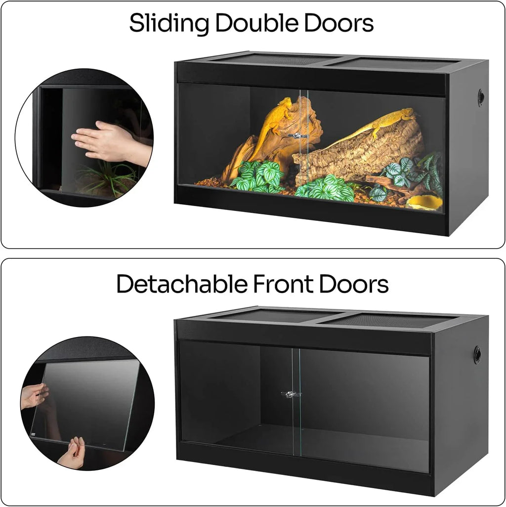 Glass reptile terrarium with sliding double doors and detachable front doors, black frame.