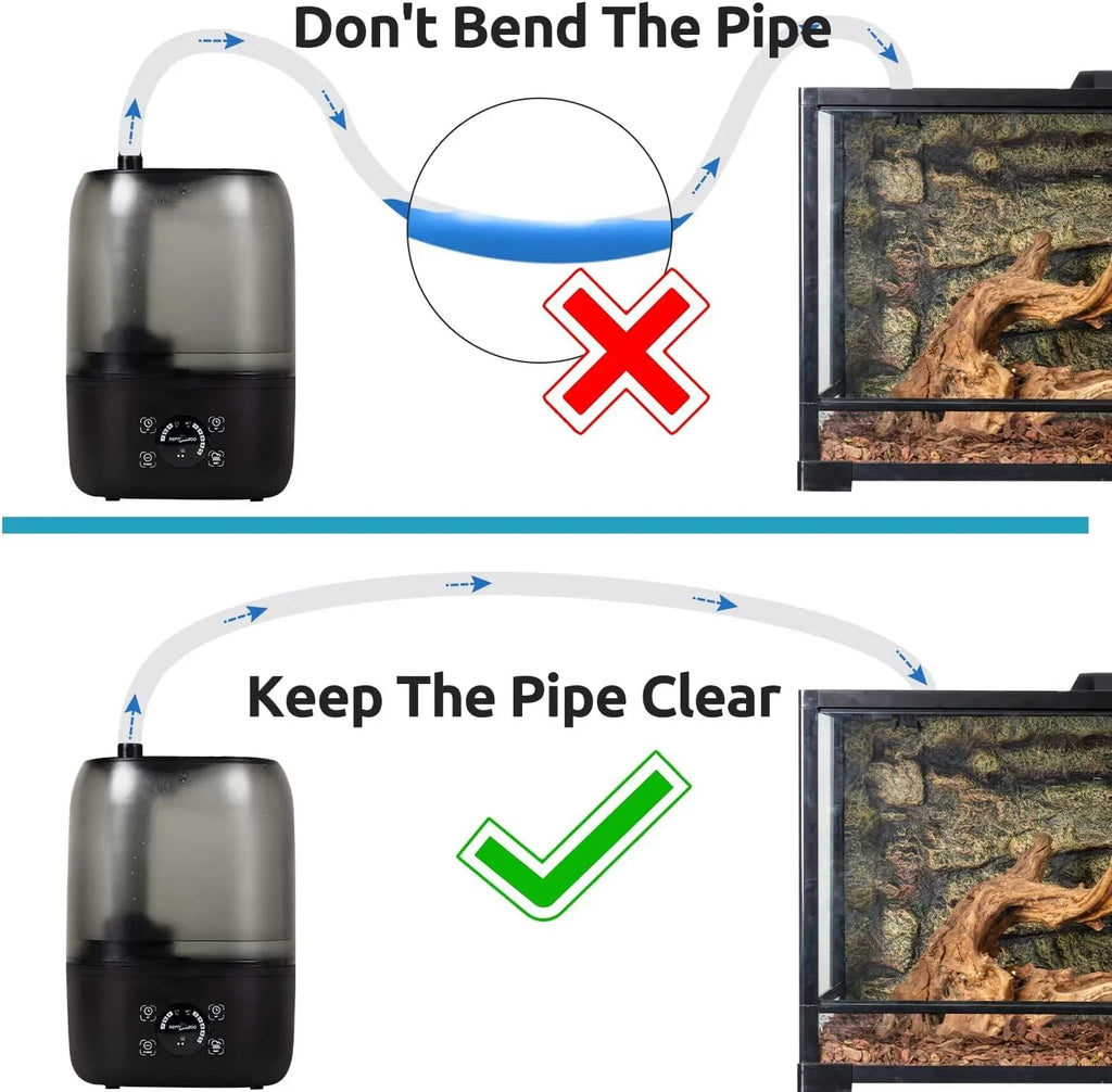 Humidifier and reptile terrarium setup showing correct and incorrect hose positions for airflow