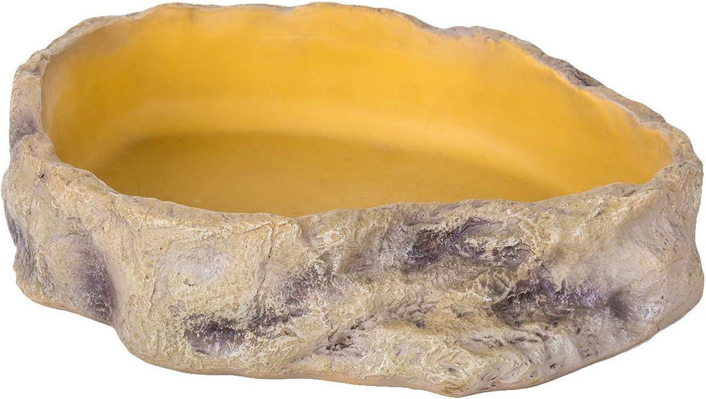 Rock-like reptile water dish for terrarium, textured beige and yellow bowl