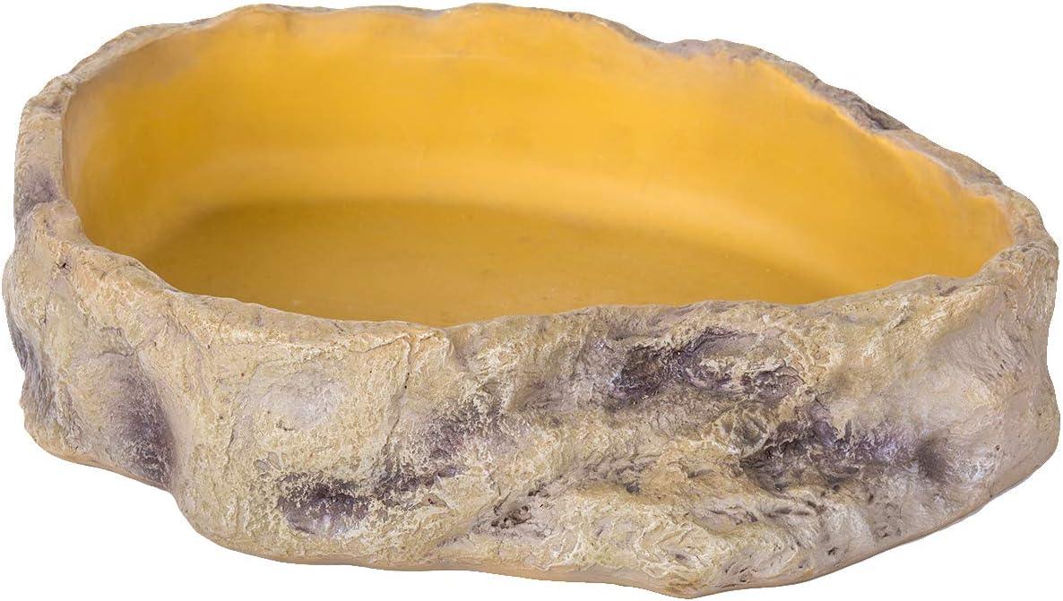 Rock-like reptile water dish for terrarium, textured beige and yellow bowl