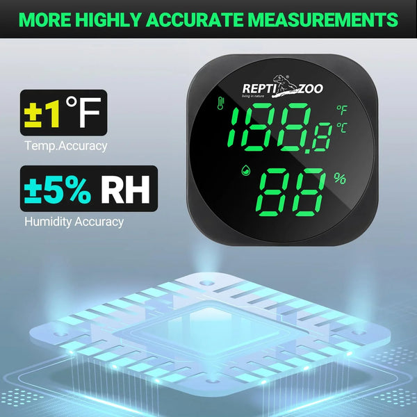 Digital reptile terrarium thermometer and hygrometer with high accuracy temperature and humidity display.