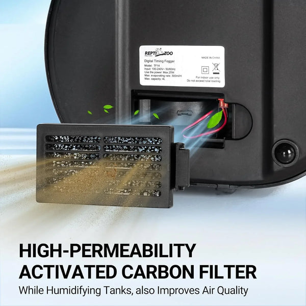 Digital timing fogger with high-permeability activated carbon filter for reptile tanks