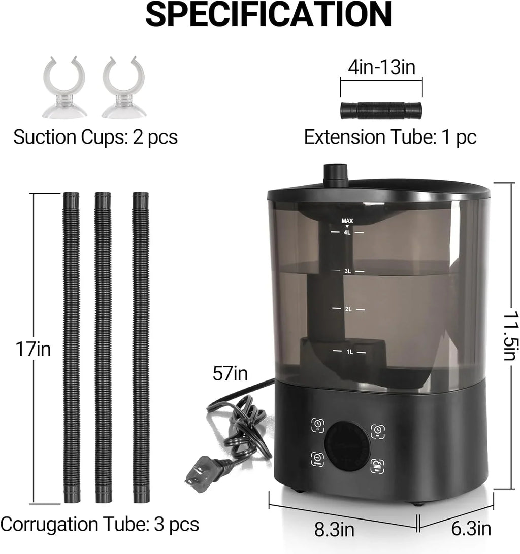 Reptile terrarium humidifier kit with water tank, suction cups, tubes, and size specifications