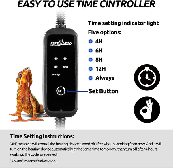 Reptile heat lamp timer controller with digital display, timer options, and lizard beside it.