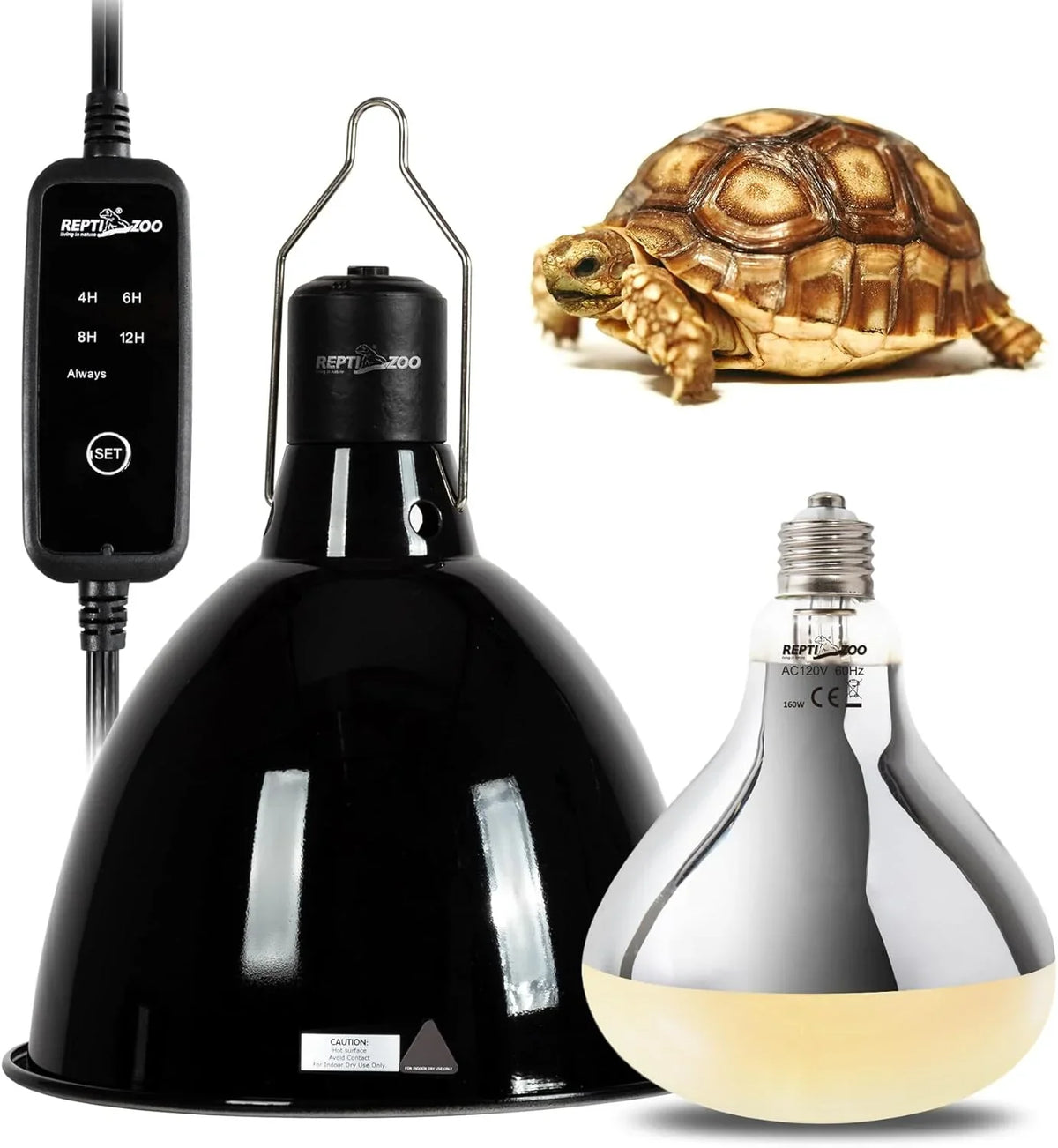 Reptile heat lamp set with timer, dome fixture, bulb, and a tortoise on white background Main image