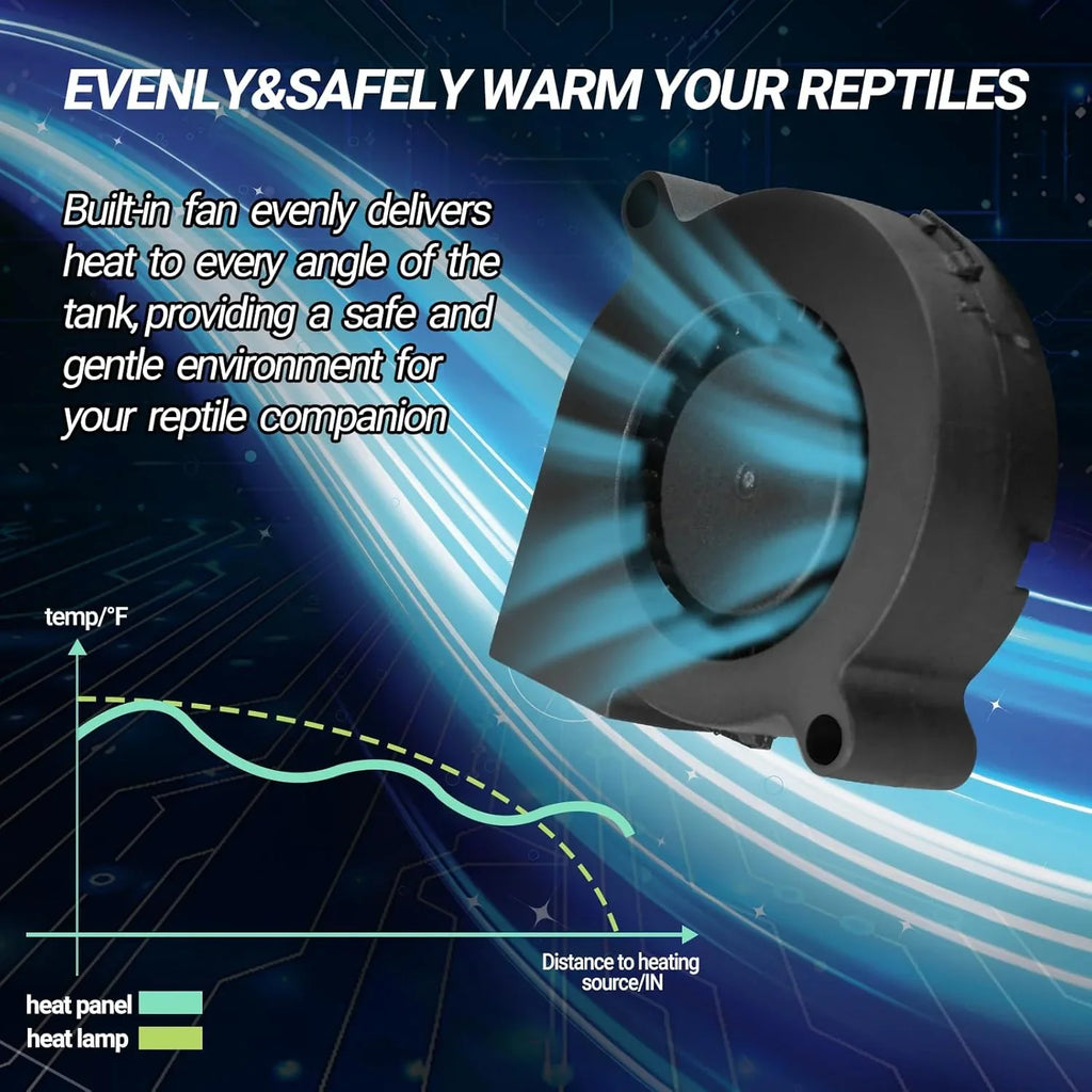Reptile terrarium fan showing airflow for even heat distribution and temperature chart.