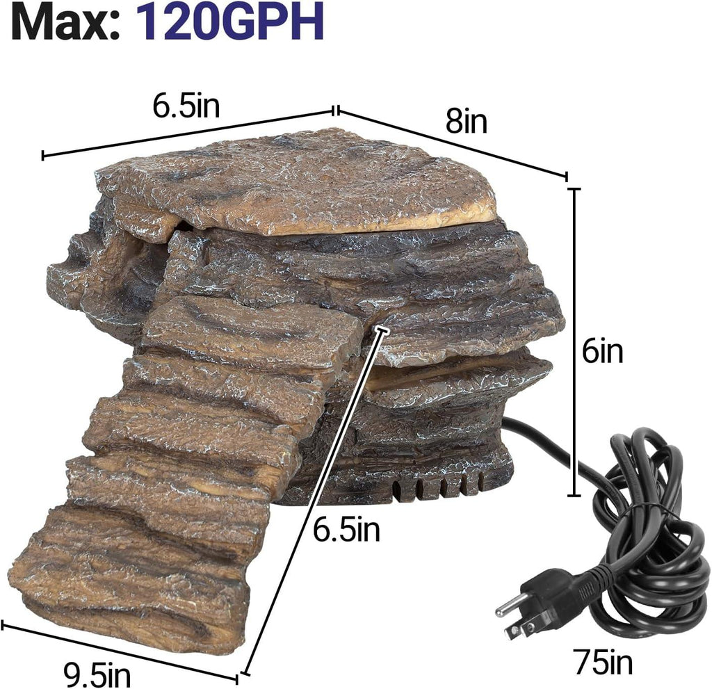 Reptile terrarium rock waterfall with steps, power cord, and size dimensions labeled