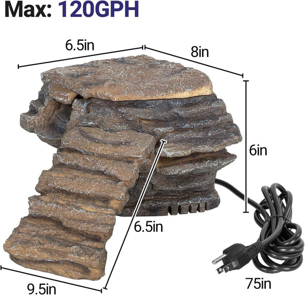 Reptile terrarium rock waterfall with steps, power cord, and size dimensions labeled