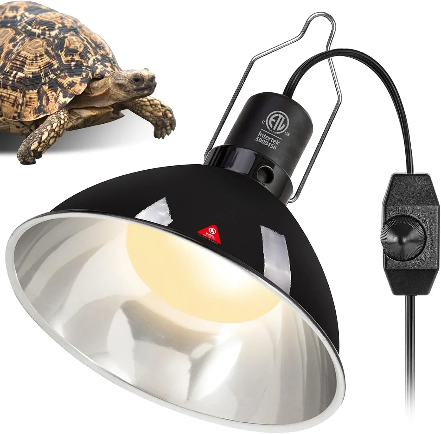 Reptile heat lamp with adjustable switch and clip, shown with a tortoise, ideal for terrariums. Main image