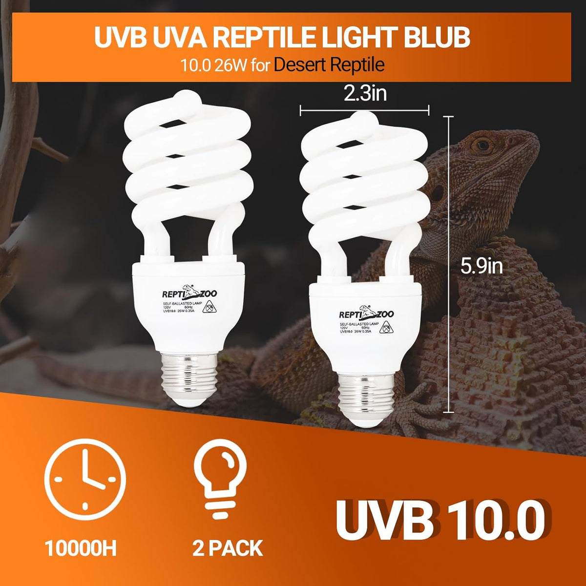 REPTI ZOO 2-Pack UVB Light for Desert Reptiles – 26W, 10.0 UVB with UVA, Spiral Compact Reptile Lamp for Bearded Dragons, Tortoises, Lizards & Snakes