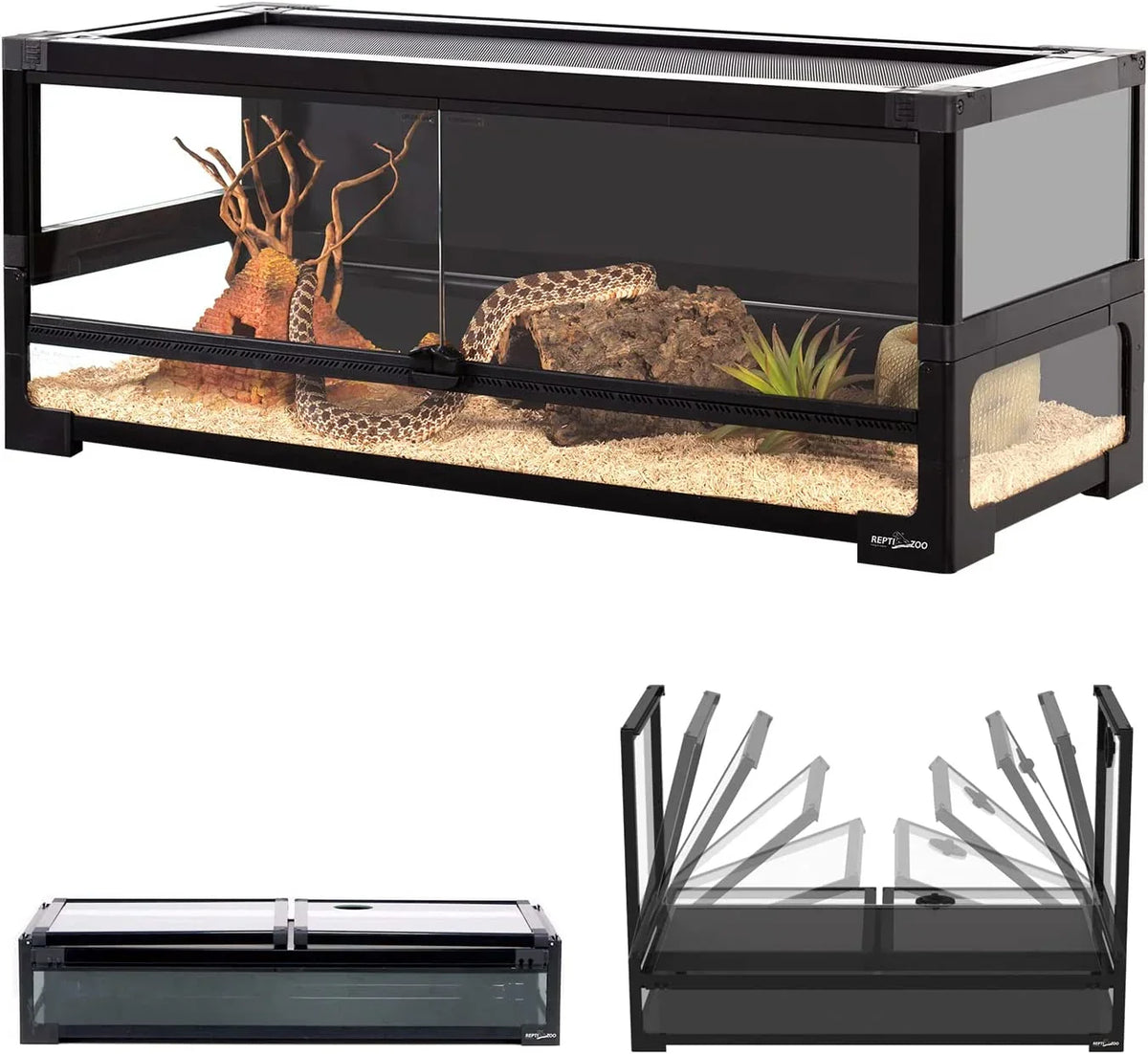 Glass reptile terrarium with sliding doors, top ventilation, and interior decorations Main image