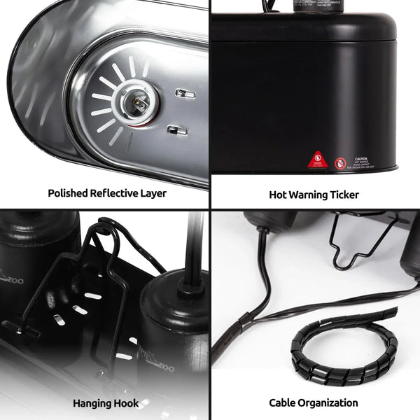 Reptile lamp fixture details showing polished reflective layer, hot warning label, hanging hook, and cable organizer.