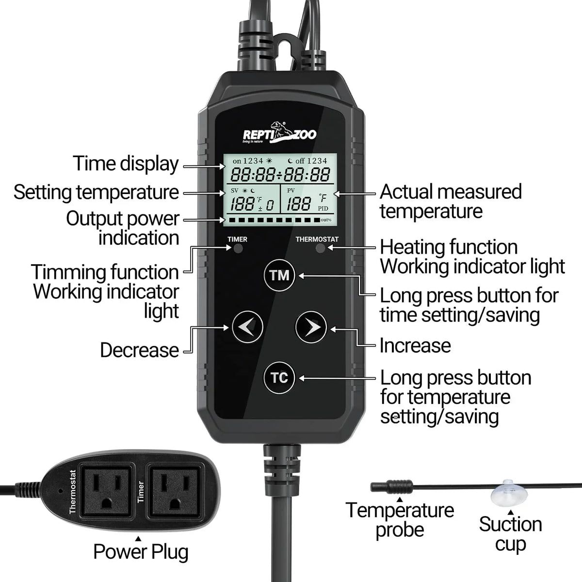 Digital reptile thermostat temperature controller with LCD display, timer, probe, and labeled controls for terrariums.
