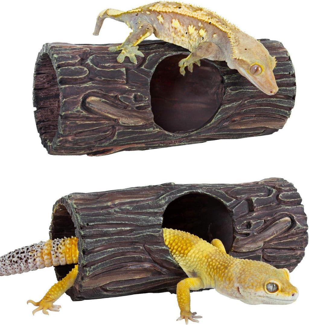 Reptile geckos on and inside a realistic hollow log hideout for terrariums