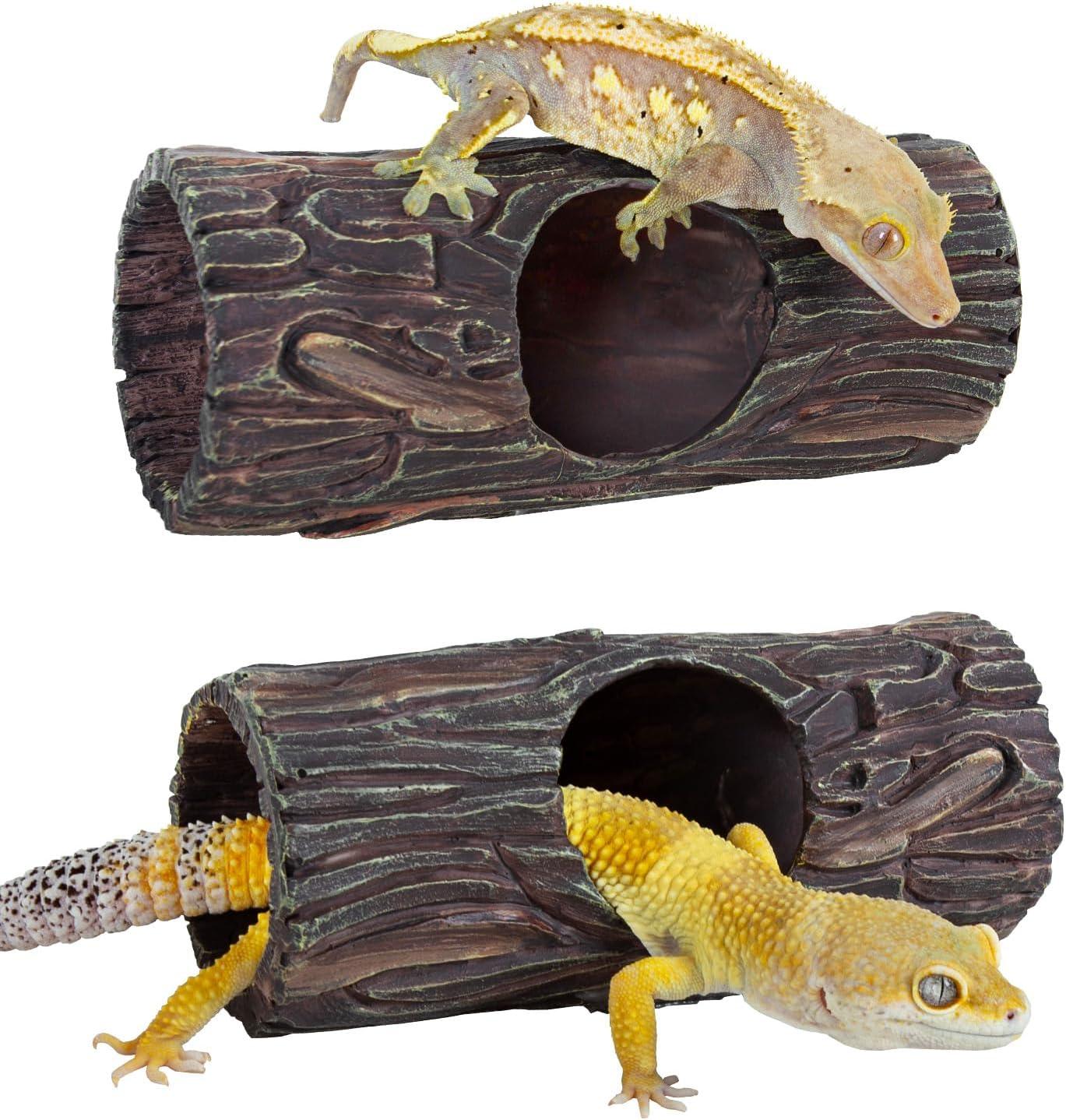 Reptile geckos on and inside a realistic hollow log hideout for terrariums